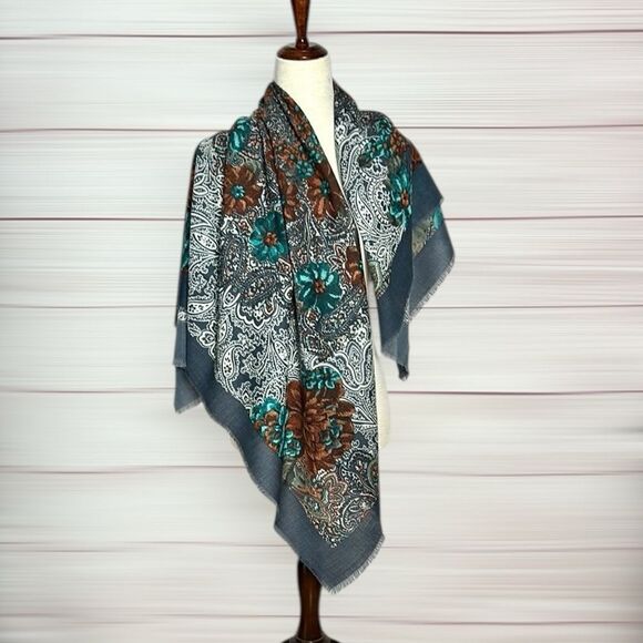 Vintage Ray Strauss Large Wool Square Scarf Shawl Gray Paisley Floral Italy - Picture 1 of 13